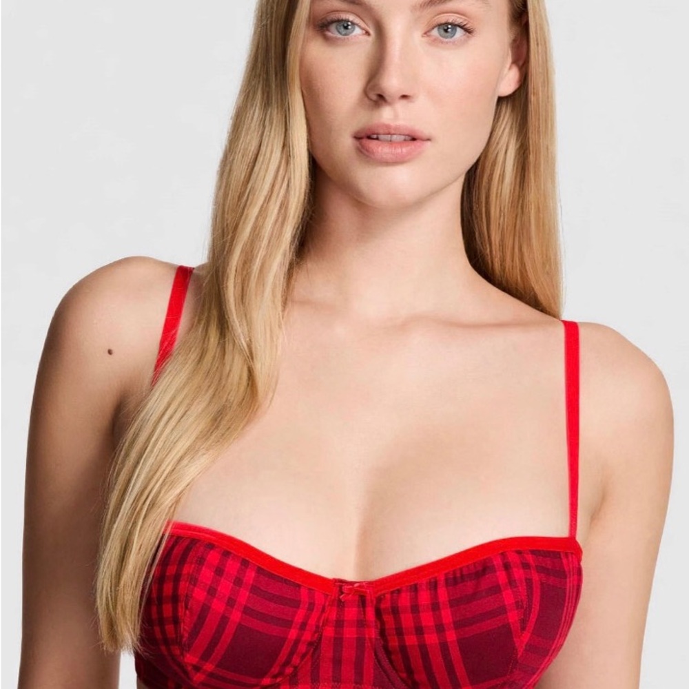 PINK Victoria's Secret Red Plaid Balconette Bra 34C